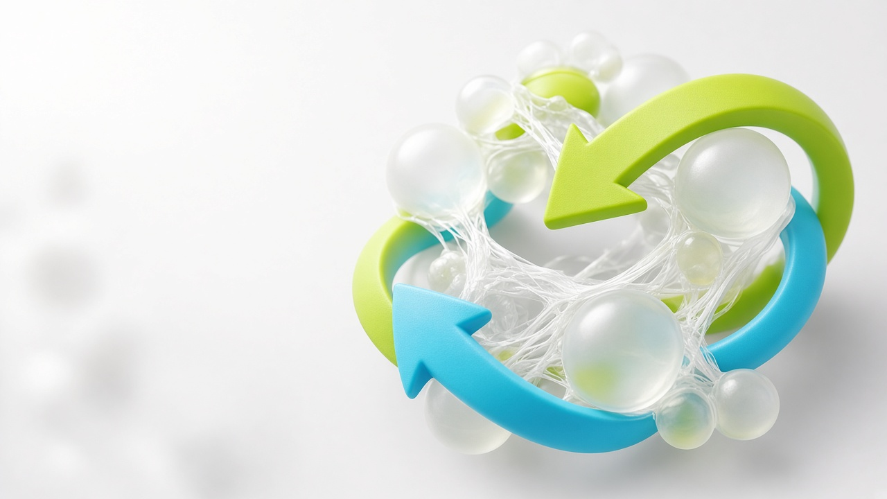 Circular recycle arrows around a water-based adhesive molecular structure