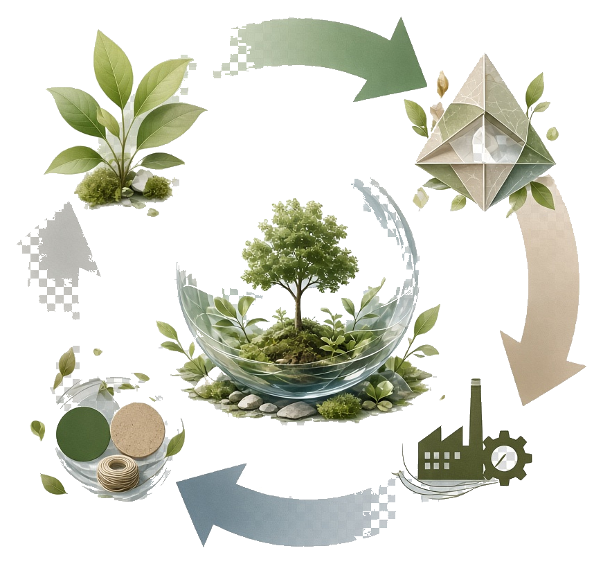 Circular cycle of plants, materials, and manufacturing around a tree in glass